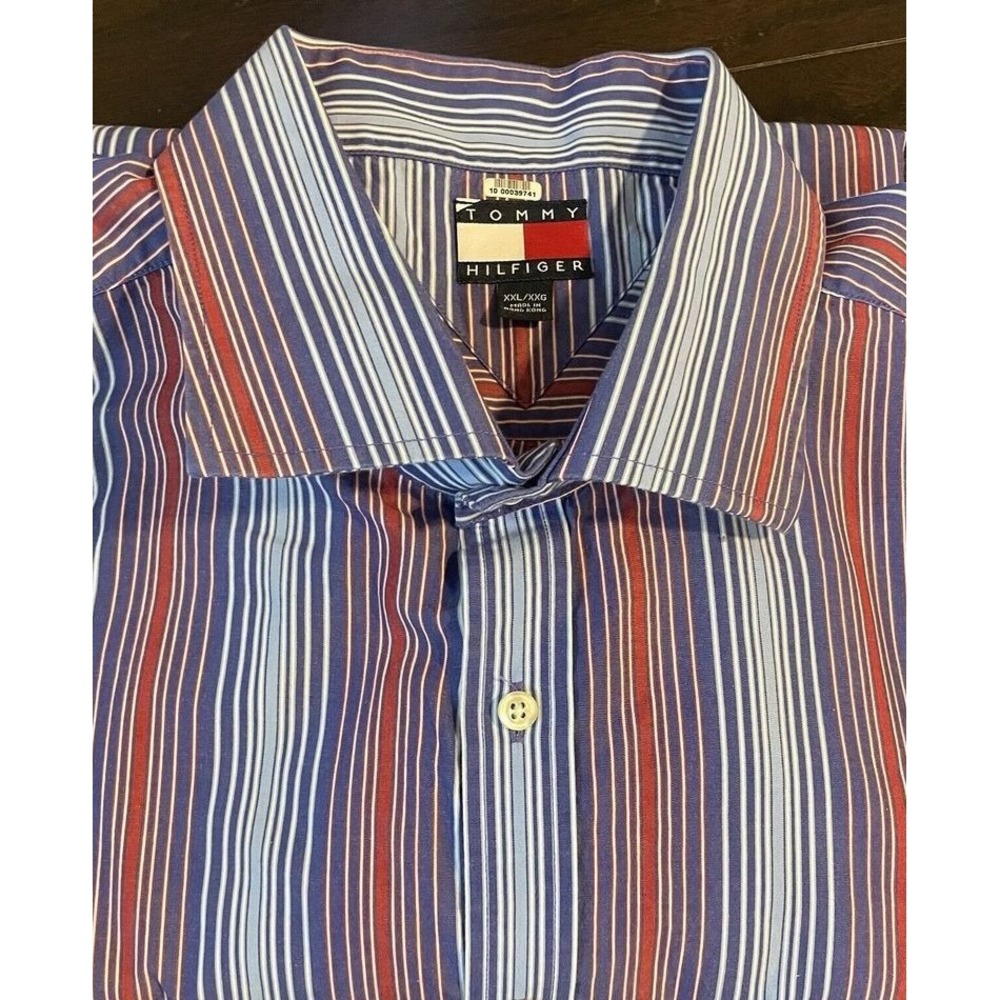 Tommy Hilfiger Button Down Shirt Mens XXL Blue Red Striped Long Sleeve Office